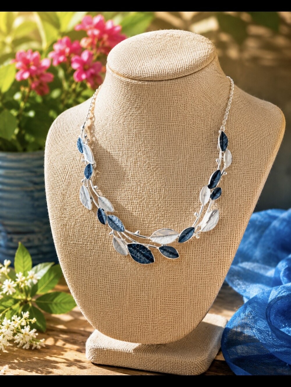 Silver and Blue Grayish Leaf-Inspired Necklace